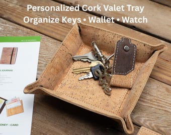 Bandeja organizadora de corcho personalizada / Soporte para llaves de entrada / Organizador de escritorio / Bandeja multiusos para cartera, llaves, reloj / Regalo sostenible para él