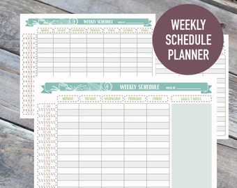 May include: Printable weekly schedule planner with a light blue and green floral design. The planner has a section for goals and notes and a grid for each day of the week.