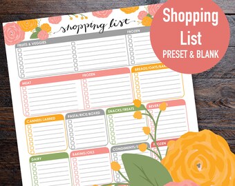 Könnte beinhalten: Eine Einkaufsliste mit floralem Design. Die Liste ist in Abschnitte wie "Obst & Gemüse", "Fleisch" und "Milchprodukte" unterteilt. Eine kreisförmige Grafik zeigt "Shopping List, Preset & Blank". Die Liste ist mit rosa und gelben Blumen verziert.