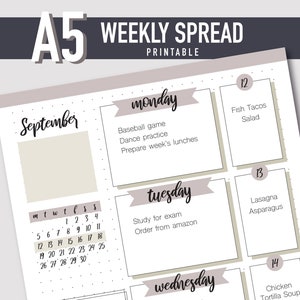 Op de afbeelding: Een weekplanner met een kalender voor september, een projectenlijst en dagelijkse takenlijsten voor maandag, dinsdag en woensdag. De planner bevat ook maaltijd ideeën voor elke dag.