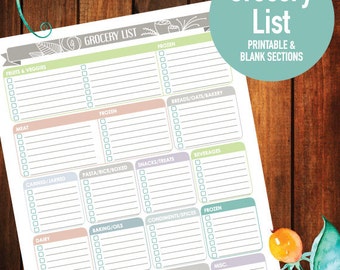 Könnte beinhalten: Eine druckbare Einkaufsliste mit Abschnitten für verschiedene Lebensmittelkategorien, darunter Obst & Gemüse, Fleisch, Milchprodukte und mehr. Die Liste hat leere Felder zum Eintragen von Artikeln und den Text "Grocery List Printable & Blank Sections".