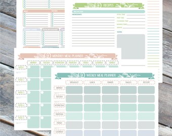 Könnte beinhalten: Ein druckbarer Meal-Planning-Kit in Grün, Weiß und Rosa. Das Kit enthält eine Einkaufsliste, ein Inventar, Rezepte, einen monatlichen Essensplaner und einen wöchentlichen Essensplaner.