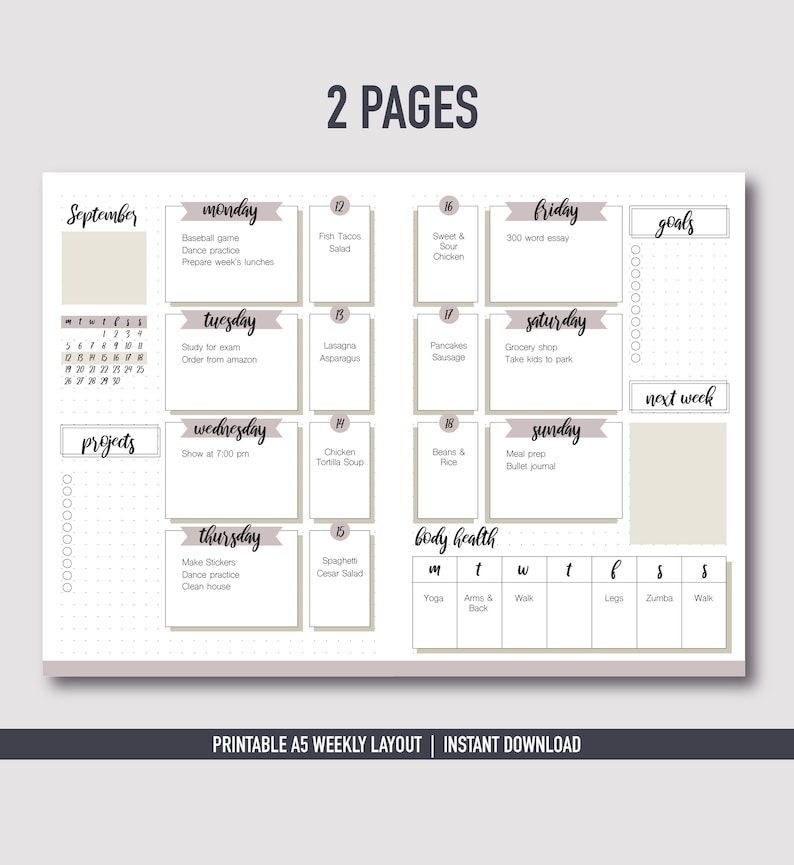Bullet Journal Weekly Printable | Bullet Journal Weekly Layout | A5 ...