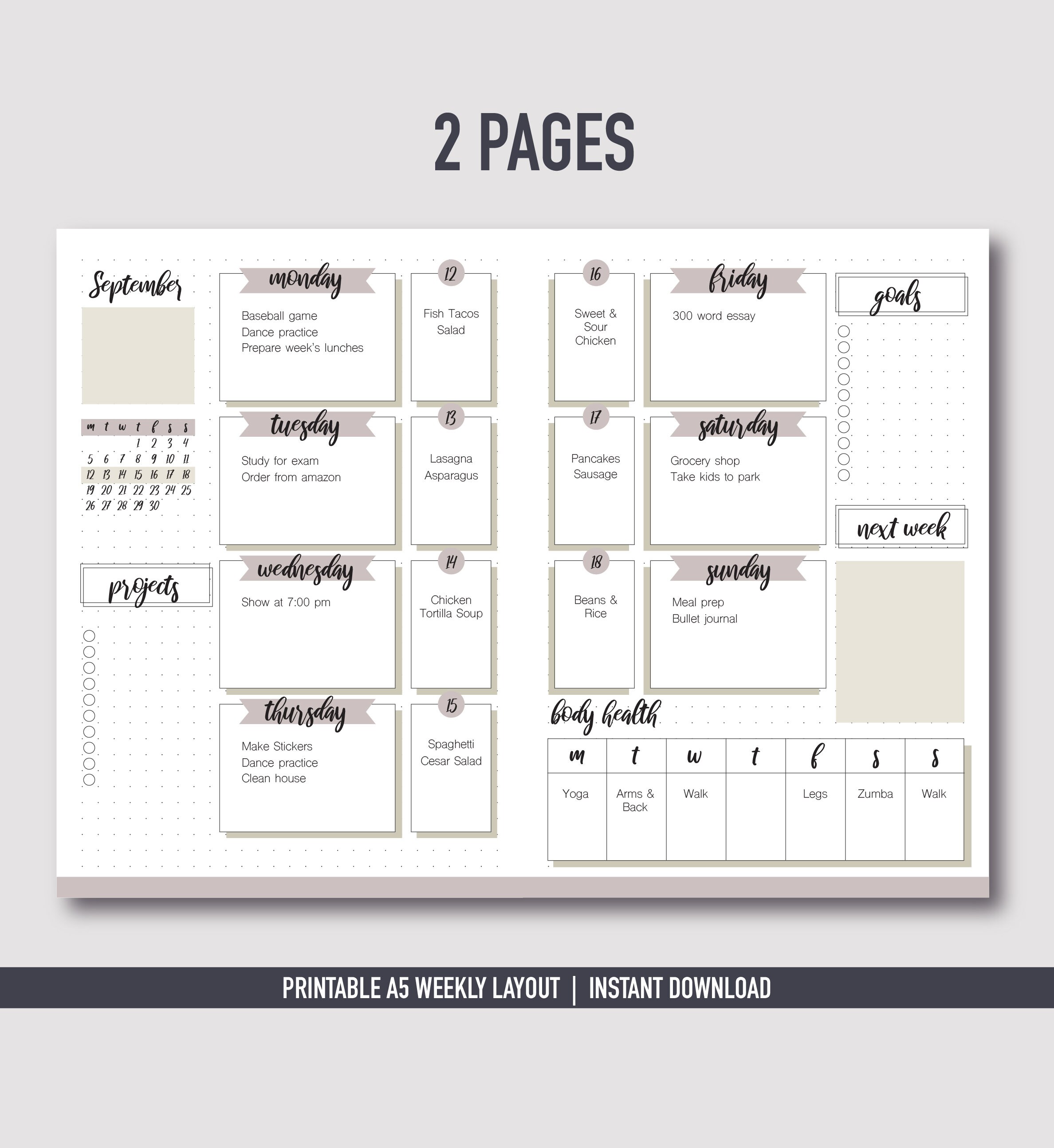 Bullet Journal Weekly Printable | Bullet Journal Weekly Layout | A5 ...