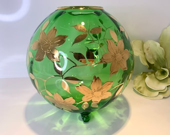 Moser Bohemian Gold Gild Raise Hand Painted Green 3-Footed Round Glass Vase