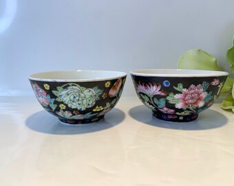 Pair of Vintage Black Famille Rose Porcelain Rice Bowls- Jingdezhen