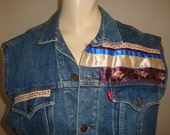vintage 80s LEVI DENIM JEAN plaid shabby roses heart ribbons trim women vest jacket small medium boho bohemian