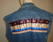 vintage 80s LEVI DENIM JEAN plaid shabby roses heart ribbons trim women vest jacket small medium boho bohemian