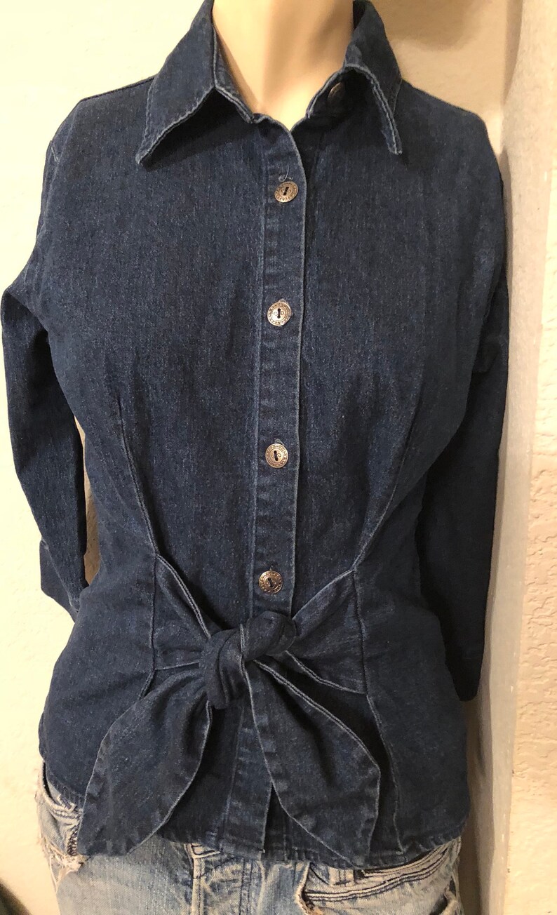 vintage waist Bow tie denim jean oxford button down shirt women 34 sleeve small