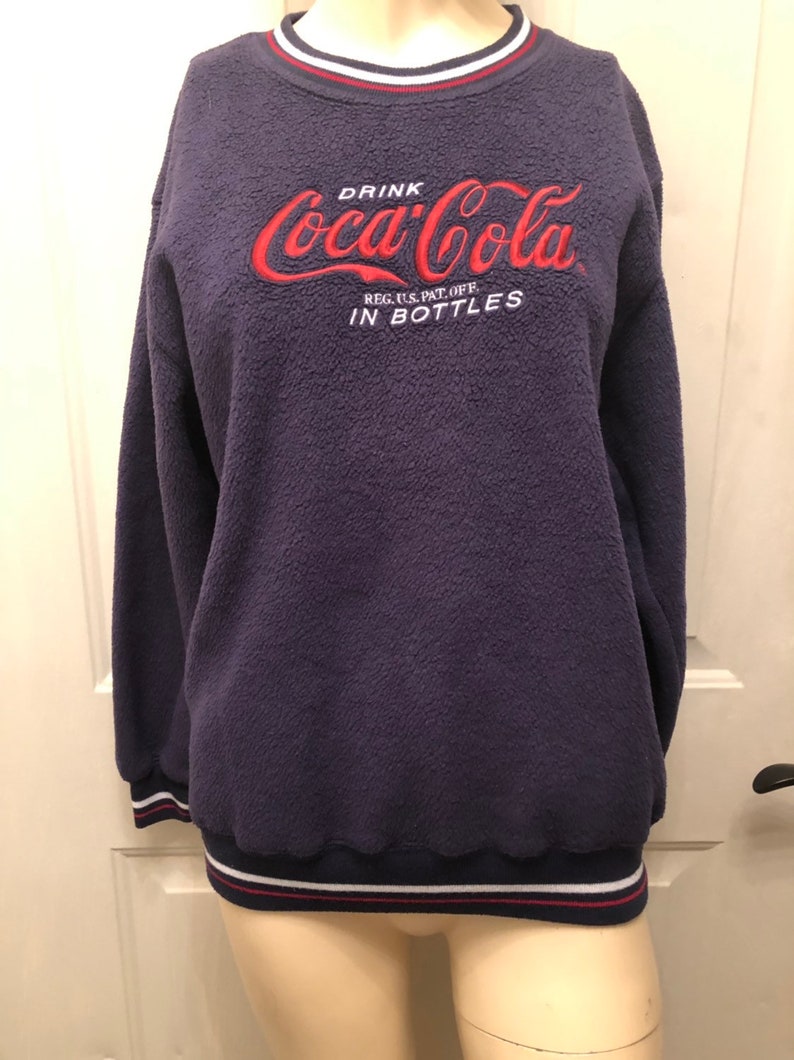 vintage Embroidered COCA COLA Brand on blue fleece Knit Jumper women sweater small pullover