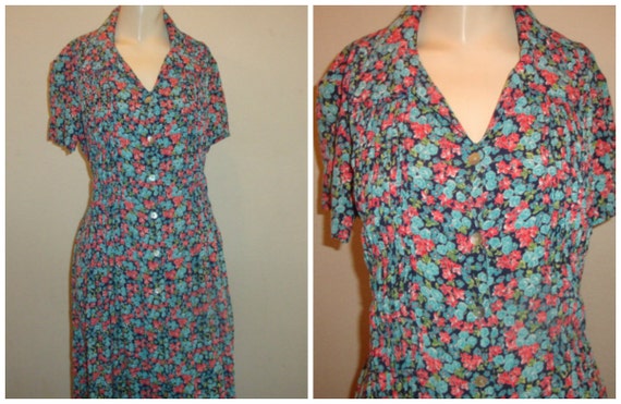 vintage rayon dress coral blue floral MAXI women L