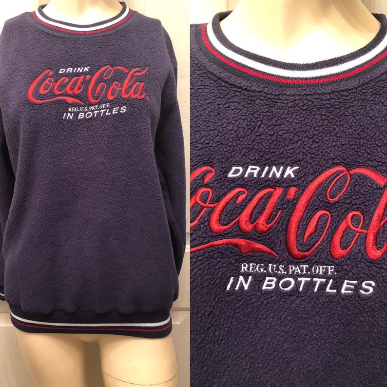 vintage Embroidered COCA COLA Brand on blue fleece Knit Jumper women sweater small pullover