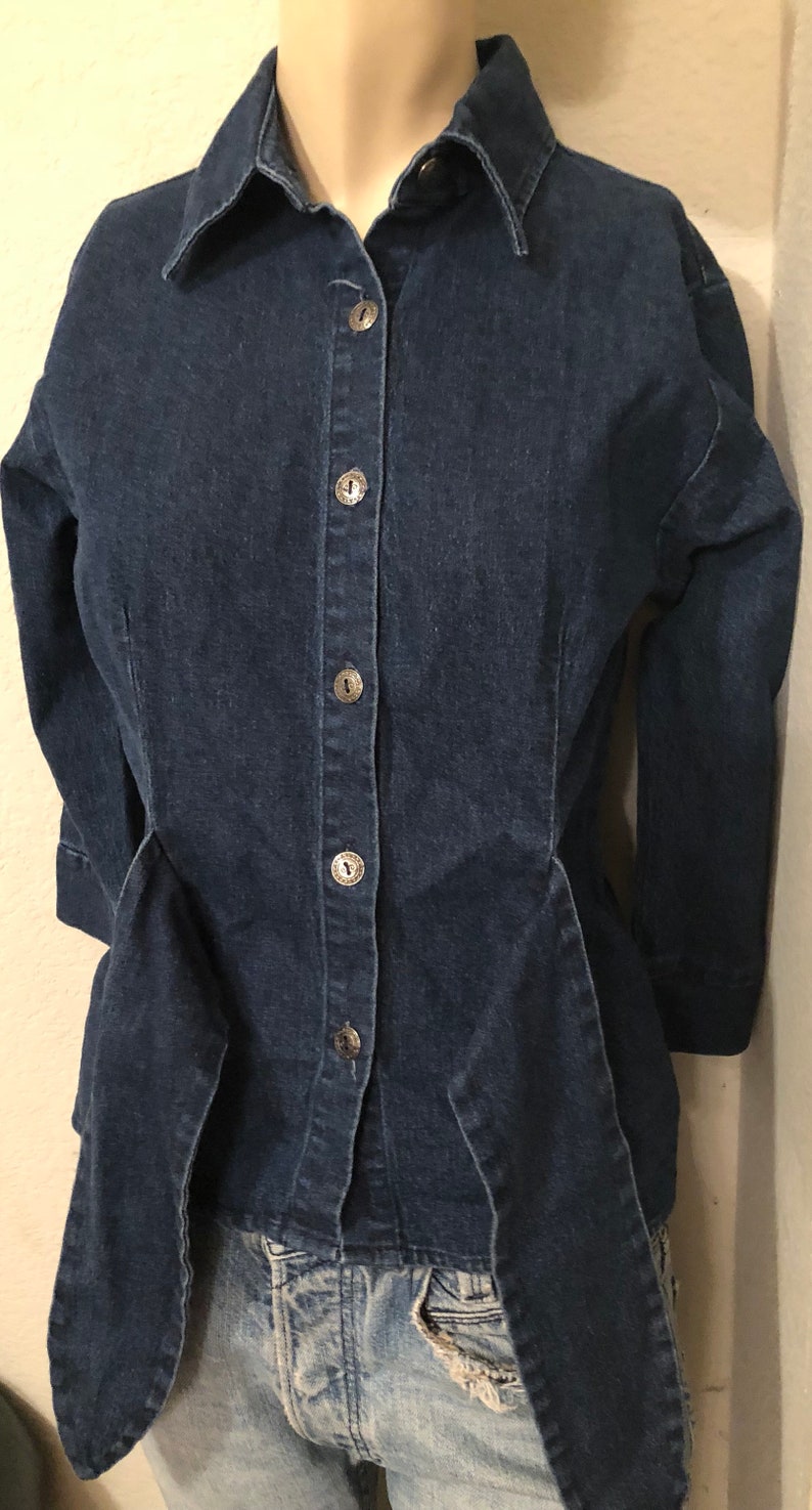 vintage waist Bow tie denim jean oxford button down shirt women 34 sleeve small