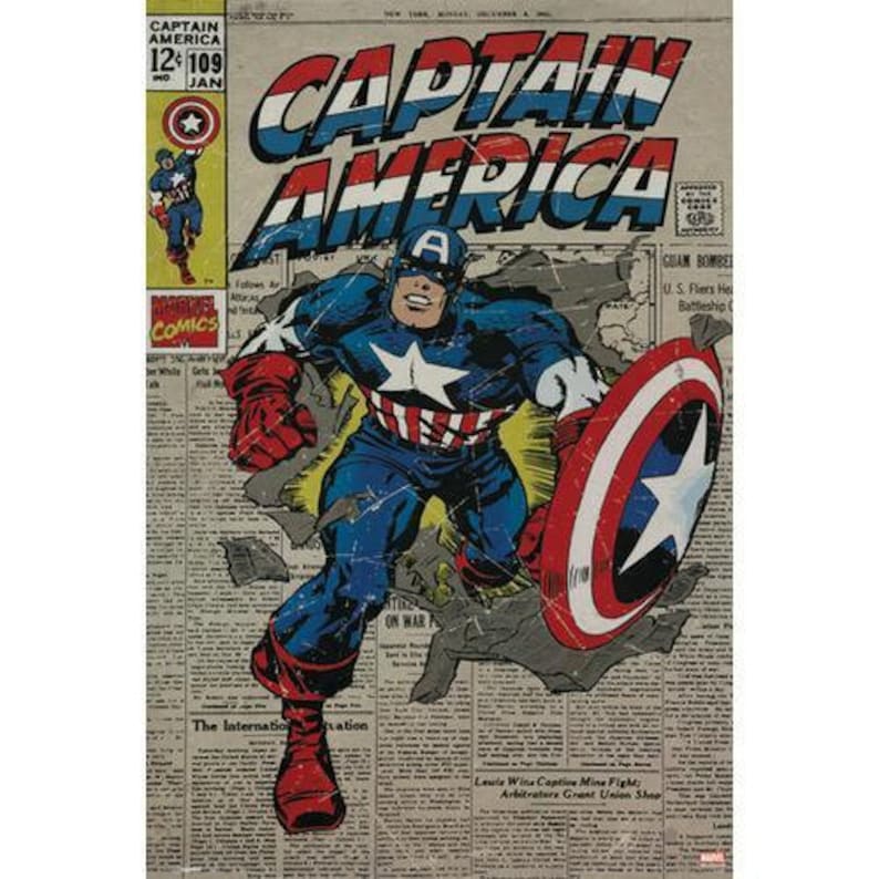 May include: A vintage comic book cover featuring Captain America in his iconic red, white and blue costume. He is holding his shield and standing in a dynamic pose. The cover is titled "Captain America" and features the issue number "12 109".