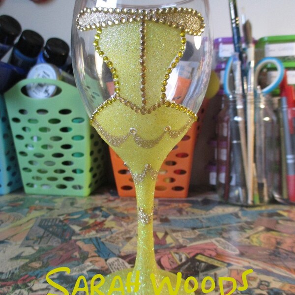 BELLE Beauty and the Beast customised glittered gemmed wine glasses