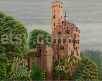 The Prince's Castle (Schloss Lichtenstein Württemberg) Acrylic Painting Huge 48W X 36H inch Giclée Canvas Wall Art Decor Gift by Jerry Rollf