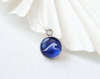 Sterling Silver Navy Blue Ocean Wave Necklace - Coastal Beach Necklace - Travel Gift for Sea Swimmer, Surfer or Ocean Lover