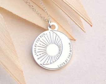 Live by the Sun Love By the Moon Necklace - Silver Sun and Moon Necklace coin featuring an inspirational quote - Celestial Jewellery