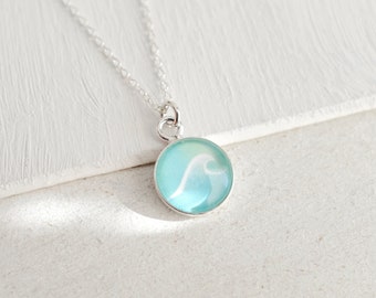 Sterling Silver Wave Necklace in choice of colours - Sea Glass Green Wave Pendant - Deep Sea Blue Wave Pendant - Teal Blue Ocean Necklace