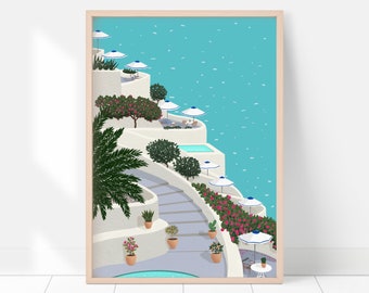 Impresión de Grecia inspirada en Santorini - Decoración mediterránea de verano con detalles botánicos, palmeras, océano turquesa y flores de buganvilla