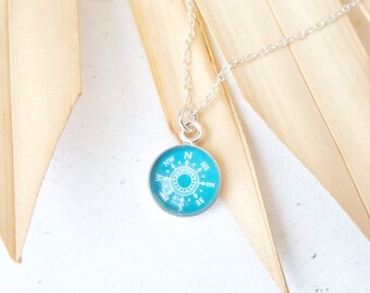 Teal Green Compass Necklace - Sterling Silver Travel Necklace - Dainty Wanderlust Jewellery - Graduation Gift - Travel Gift