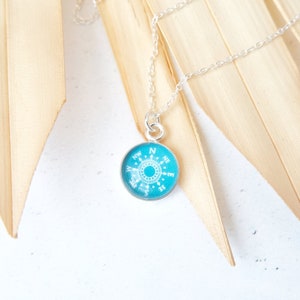 Teal Green Compass Necklace Sterling Silver Travel Necklace Dainty Wanderlust Jewellery Graduation Gift Travel Gift image 1