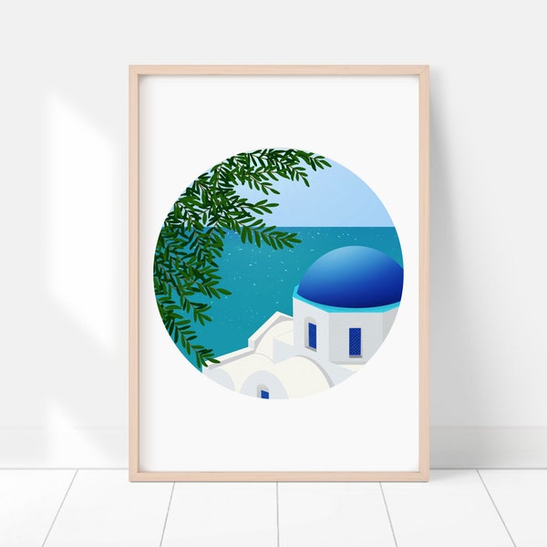 Santorini Art Print / Greek Island Wall Art Featuring a Traditional Blue Domed Church and the Mediterranean Ocean / Travel Art Souvenir