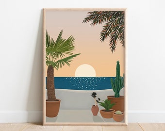 Méditerranéen Sunset Print with Palm Trees, Cactus Plants and Calm Blue Ocean Waves.