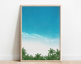 Aerial Tropical Beach Print featuring Turquoise Ocean Waves, Sand and Palm Trees | Nautical Coastal Wall Art | Sun, Sea and Surf Gift