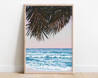 Beach print with ocean waves, palm trees and sunset - Tropical palm tree print - Swimming and surf gift - Calming wall art - Travel gift