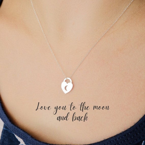 Lock Heart Necklace With Tiny Crescent Moon Cut out. Couples Heart Moon Necklace to Say I Love You to the Moon and Back. Valentines Day Gift Etsy Canada