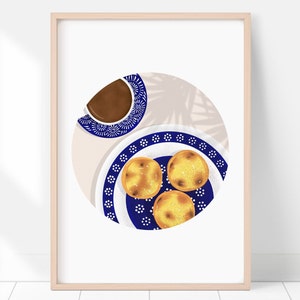 May include: A blue and white patterned plate with three golden brown Portuguese custard tarts and a blue and white cup of coffee. The plate and cup are on a beige background with a shadow of a palm leaf.