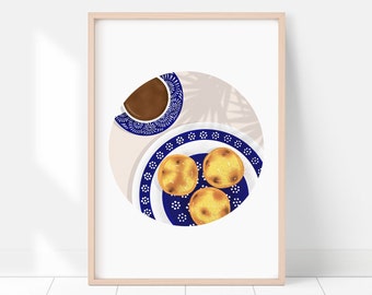 Pastel de Nata Print / Arte de la pared de la cocina de una tarta de natillas portuguesa y café / Decoración de arte de comida de viaje / Pastelería portuguesa Pasteis de Nata