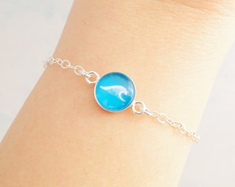 Sterling Silver Wave Bracelet - beach gift for ocean lovers. Dainty adjustable ocean theme surfer bracelet.