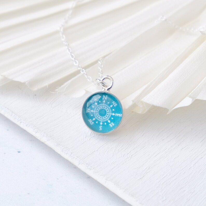 Teal Green Compass Necklace Sterling Silver Travel Necklace Dainty Wanderlust Jewellery Graduation Gift Travel Gift image 2