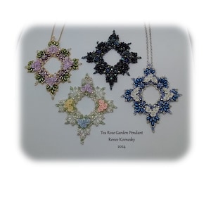 May include: Four beaded star-shaped pendants with a circular opening in the center. The pendants are in shades of green, blue, white, and pink. The text "Tea Rose Garden Pendant" is below the pendants, followed by "Renee Kovnesky" and "2024".