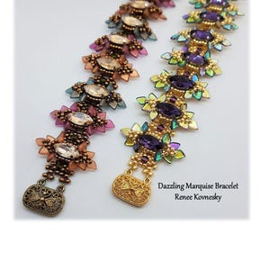 May include: Two beaded bracelets with marquise-shaped stones in shades of purple, gold, and clear. The bracelets have a floral design and are connected to a decorative clasp. The text "Dazzling Marquise Bracelet Renee Kovnesky" is visible.