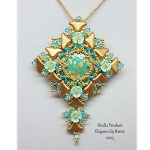 May include: A gold and turquoise beaded pendant necklace with a geometric design and floral accents. The pendant is labeled "Briella Pendant Elegance by Renee 2023".