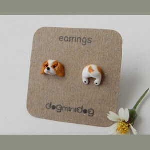May include: A pair of earrings featuring a Cavalier King Charles Spaniel dog head and a Cavalier King Charles Spaniel dog bottom. The earrings are on a brown card with the text "earrings" and "dognidoG".