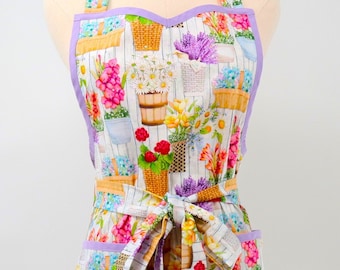 Floral Apron for Women, Flowers in Baskets, Apron with Pockets, KitschNStyle Aprons