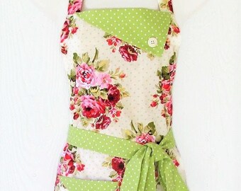 Retro Floral Full Apron for Women, Pink Roses and Polka Dots, KitschNStyle Aprons