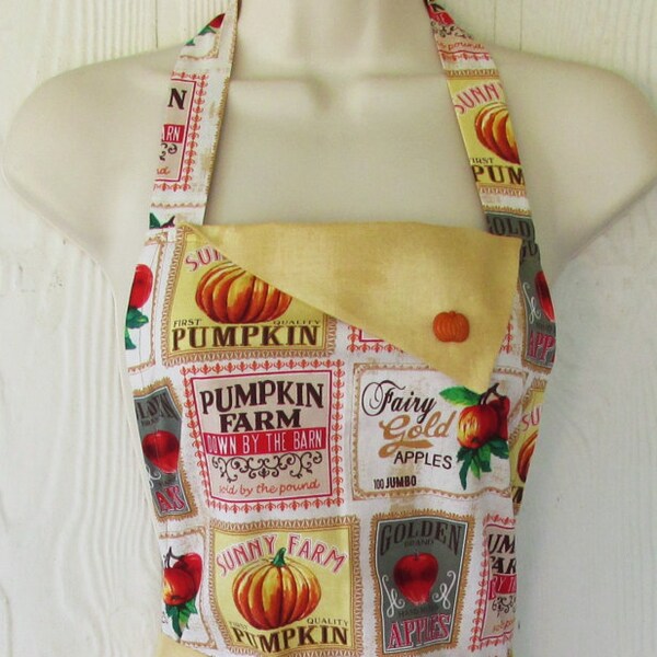 Harvest Apron, Pumpkin Apron, Retro Style, Country Kitchen, Vintage Apple Crate Labels, Womens Full Apron , KitschNStyle