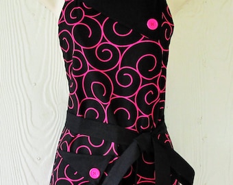 Black and Pink Apron for Women, Retro Full Apron with Pockets, KitschNStyle Aprons