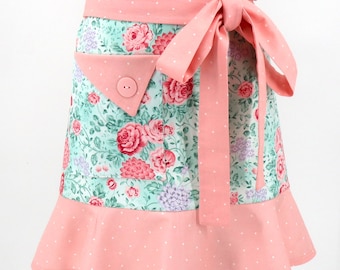 Pink Floral Apron, Pink and Teal, Cottage Chic, Retro Style, Full Apron, KitschNStyle