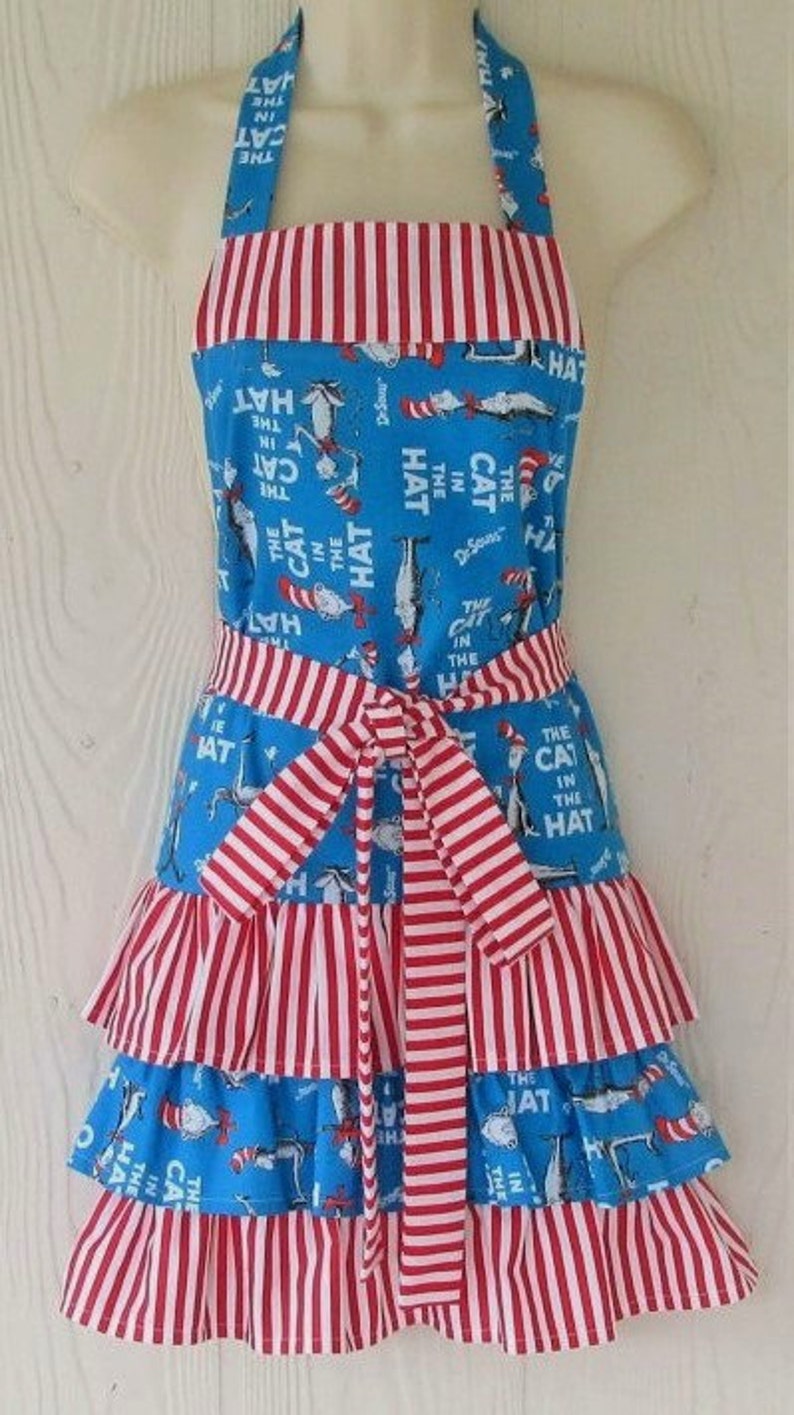 Cat in the Hat Apron Dr Seuss Ruffled Full Apron Stripes image 0