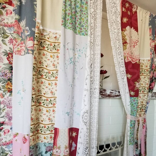 shabby chic Curtains Patchwork  -Sweet Spring-multicolor HippieWild Roses Floral crochet Bohemian chic Hippie white tassel cotton shabby