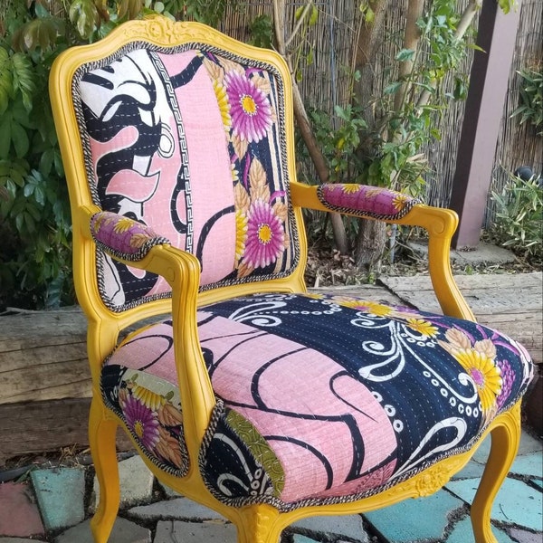 Whimsical Side Chair, LOCAL PICKUP ONLY, French Style Accent Chair, Rustic Boho Chair, Hippiewild,  Patchwork Kantha Chair, Statement Chair