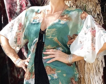 Vintage Angel Roses Scarf Kimono: Sheer Boho Jacket Top (S-M)