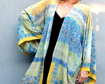 Boho Kimono: Handmade Vintage Silk Saree Patchwork Coverup