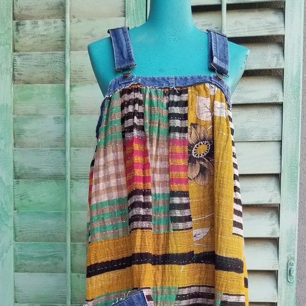 Vintage Overalls dress, upcycled kantha dress, Handmade overalls dress, hippiewild, reworked denim dress, maxi kantha dress, striped dress